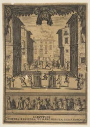 Frontispício da comédia The Buffoons Li Buffoni, um cenário no palco que lembra p ..., ca. 1639