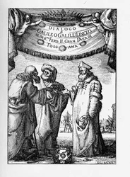 Frontispício do diálogo sobre os dois principais sistemas mundiais de Galileo Galilei, 1632