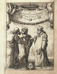 Galileo (esquerda) conversando com Ptolomeu (centro) e Copérnico, frontispício ilustrado de Dialogo sopra i devido Massimi Sistemi del Mondo, Tolemaico e Copérnico (Diálogo Sobre Dois Principais Sistemas Mundiais, Ptolomeu e Copérnico)