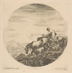 O pastor a cavalo conduz os animais, ca. 1646.