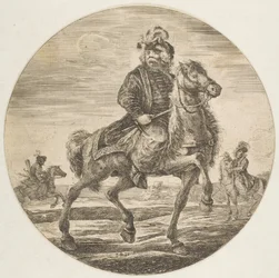 Cavaleiro húngaro cavalgando para a direita, outros cavaleiros ao fundo, um circu ..., ca. 1651