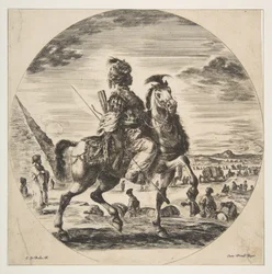 Cavaleiro mouro de perfil voltado para a direita, ao fundo uma pirâmide à esquerda, muitas fi..., c. 1651.