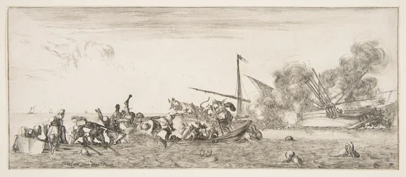 Batalha naval, um barco a remos cheio de gente a lutar com mosquetes para a esquerda, pessoas a afogarem-se..., ca. 1641.