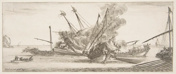 Combate naval, um navio ao centro, visto de trás, disparando contra quatro navios inimigos, outro ..., ca. 1641.