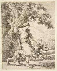 Ninfa segurando um cão grande junto à coleira, ca. 1654.