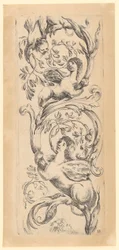Painel ornamental com três esfinges, estampa 3 da série «Ornamentos ou grotescos»