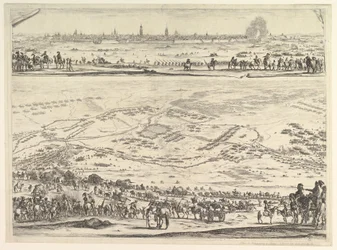 Planta e vista do cerco de Arras: parte inferior da placa com vista topográfica com ..., 1641.