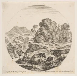 Placa 10: um cavalo deitado ao centro, uma vaca e duas cabras à direita, dois pastores sentados..., ca. 1646.
