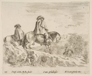 Ilustração 10: dois cavaleiros descendo uma montanha à esquerda, outro cavaleiro à direita em ..., ca. 1644-47.
