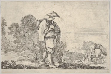Gravura 11: um camponês de chapéu ao centro, caminhando para a direita, um cavalo descendo..., ca. 1641.
