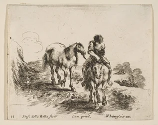 Ilustração 11: um jovem cavaleiro, visto de frente, conduzindo outro cavalo, de Diver ..., ca. 1644-47.
