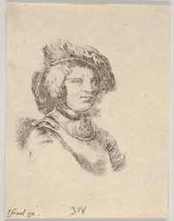 Ilustração 11: busto de um homem de boné e olhando para a direita, de Various heads a ..., 1650.