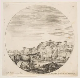 Ilustração 12: um pastor dormindo no chão à direita, três cavalos à esquerda, outros cavalos ..., ca. 1646