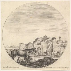 Gravura 12: um pastor dormindo no chão à direita, três cavalos à esquerda, outro h..., ca. 1643-48.