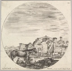 Ilustração 12: um pastor dormindo no chão para a direita, três cavalos para a esquerda, outro h ..., ca. 1643-48.