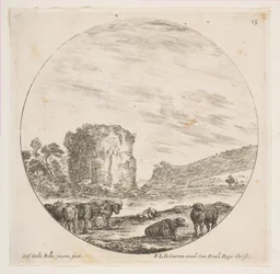 Ilustração 13: ruínas de um templo em uma paisagem romana, de paisagens romanas e ruínas P ..., ca. 1646