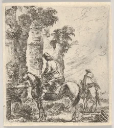 Ilustração 19: um cavaleiro fazendo seu cavalo beber de uma bacia de uma fonte à esquerda, outra h ..., ca. 1646