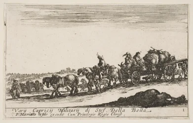 Ilustração 1: Um carrinho puxado a cavalo carregando pessoas e mercadorias, cavalo morto em primeiro plano, f ..., ca. 1641