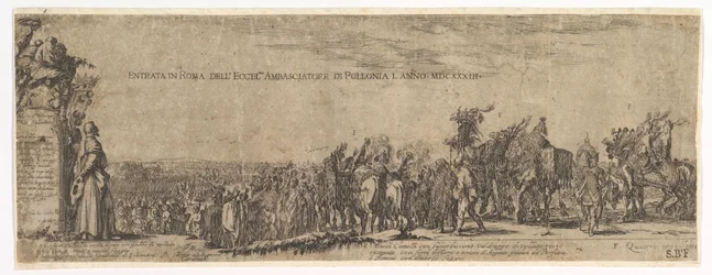 Placa 1: A entrada do embaixador polonês em Roma, o brasão dos Médici à esquerda, 1633.