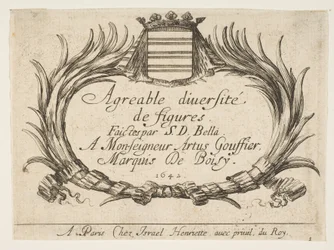 Placa 1: Duas palmas das mãos e um brasão emolduram o título e a dedicatória, página de título de 