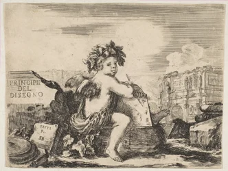 Ilustração 1: o gênio do desenho, uma criança com asas, sentada em uma pedra no centro da curva ..., ca. 1641-43.