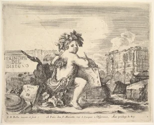 Ilustração 1: o gênio do desenho, uma criança com asas, sentada em uma pedra no centro virada ..., ca. 1641
