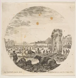 Ilustração 2: Campo Vaccino, um búfalo e dois pastores no centro, o Fontanone à direita ..., ca. 1646