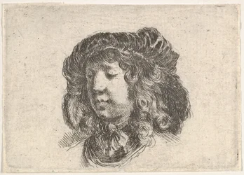 Gravura 34: cabeça de um jovem com um gorro adornado com algumas penas, virou três quartos..., ca. 1646.