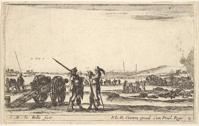 Ilustração 3: Um oficial que dá ordens a um soldado no centro do primeiro plano, canhão à esquerda, f ..., ca. 1641