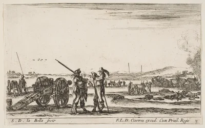 Ilustração 3: Um oficial que dá ordens a um soldado no centro do primeiro plano, canhão à esquerda, f ..., ca. 1641