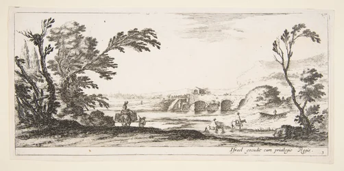 Prato 3: dois cavaleiros atravessando um rio à direita, uma mulher com duas cestas em cima de um burro, ca. 1641.