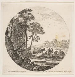Ilustração 4: uma capital coríntia no chão à esquerda, um monumento com figuras em baixa reg ..., ca. 1646