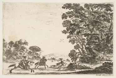 Ilustração 4: uma caça ao cervo, dois cavaleiros galopando para a esquerda atrás de três cães e um cervo ..., 1642.