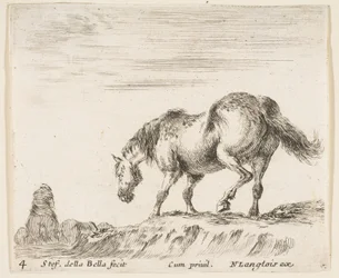 Prato 4: um cavalo de perfil virado para a esquerda, prestes a descer de um monte, um cavalo..., ca. 1644-47.