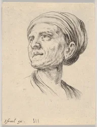 Ilustração 4: cabeça de uma velha com um gorro, olhando para a esquerda em Várias cabeças e figuras ..., 1650.
