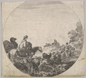 Ilustração 5: uma mulher carregando um filho a cavalo para a esquerda, um camelo a seguindo, um rebanho ..., ca. 1643-48.