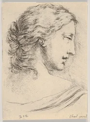 Ilustração 5: cabeça de uma mulher, virada de perfil para a direita, de Várias cabeças e figuras ..., 1650.
