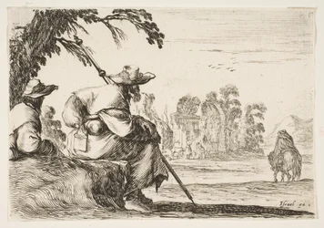 Ilustração 5: dois peregrinos com chapéus descansam à esquerda, vistos por trás, um cavaleiro cavalga até ..., 1642.