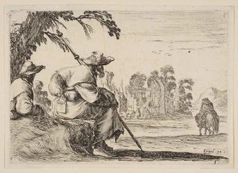 Ilustração 5: dois peregrinos com chapéus descansam à esquerda, vistos por trás, um cavaleiro cavalga até ..., 1642.