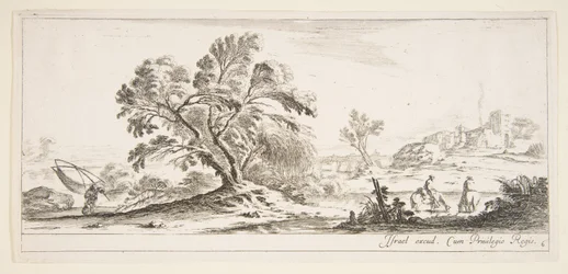 Ilustração 6: um pescador carregando uma rede para a esquerda, dois cavaleiros em um riacho para a direita, uma árvore ..., ca. 1641