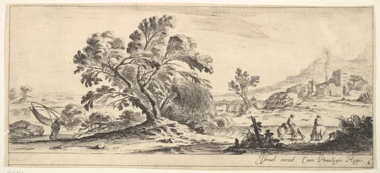 Ilustração 6: um pescador carregando uma rede para a esquerda, dois cavaleiros em um riacho para a direita, uma árvore ..., ca. 1641