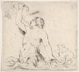Prancha 7: um tritão na água, virado para a esquerda, segurando uma enguia na mão direita e t..., ca. 1646.