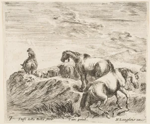 Ilustração 7: dois cavalos subindo a margem de um rio à direita, seguindo uma procissão ..., ca. 1644-47.