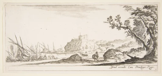 Ilustração 7: vários barcos na praia para a esquerda, um homem carregando uma sacola, vista de trás e wa ..., ca. 1641