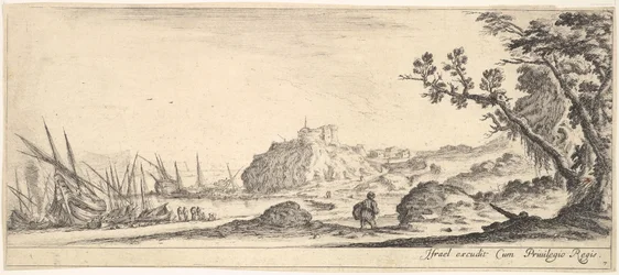 Ilustração 7: vários barcos na praia para a esquerda, um homem carregando uma sacola, vista de trás e wa ..., ca. 1641