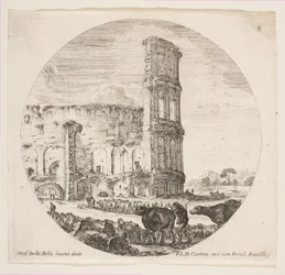 Ilustração 8: o Coliseu, dois rebanhos sendo direcionados para o anfiteatro no foreg ..., ca. 1646