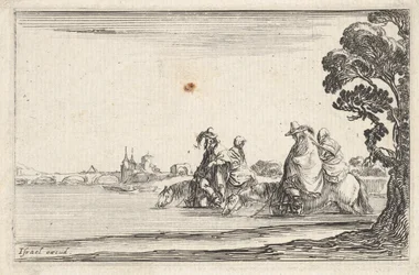 Placa 8: dois cavaleiros de chapéu à direita, cada um com uma mulher sentada atrás deles, cavalgando t..., ca. 1642.
