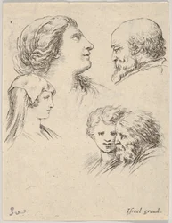 Ilustração 9: cinco cabeças, duas moças à esquerda, um homem barbudo no canto superior direito, uma moça ..., ca. 1649