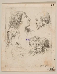 Ilustração 9: cinco cabeças, duas moças à esquerda, um homem barbudo no canto superior direito, uma moça ..., ca. 1649