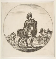 Cavaleiro polonês voltado para a direita, uma composição circular, de Figures on Horseback Cav ..., ca. 1651